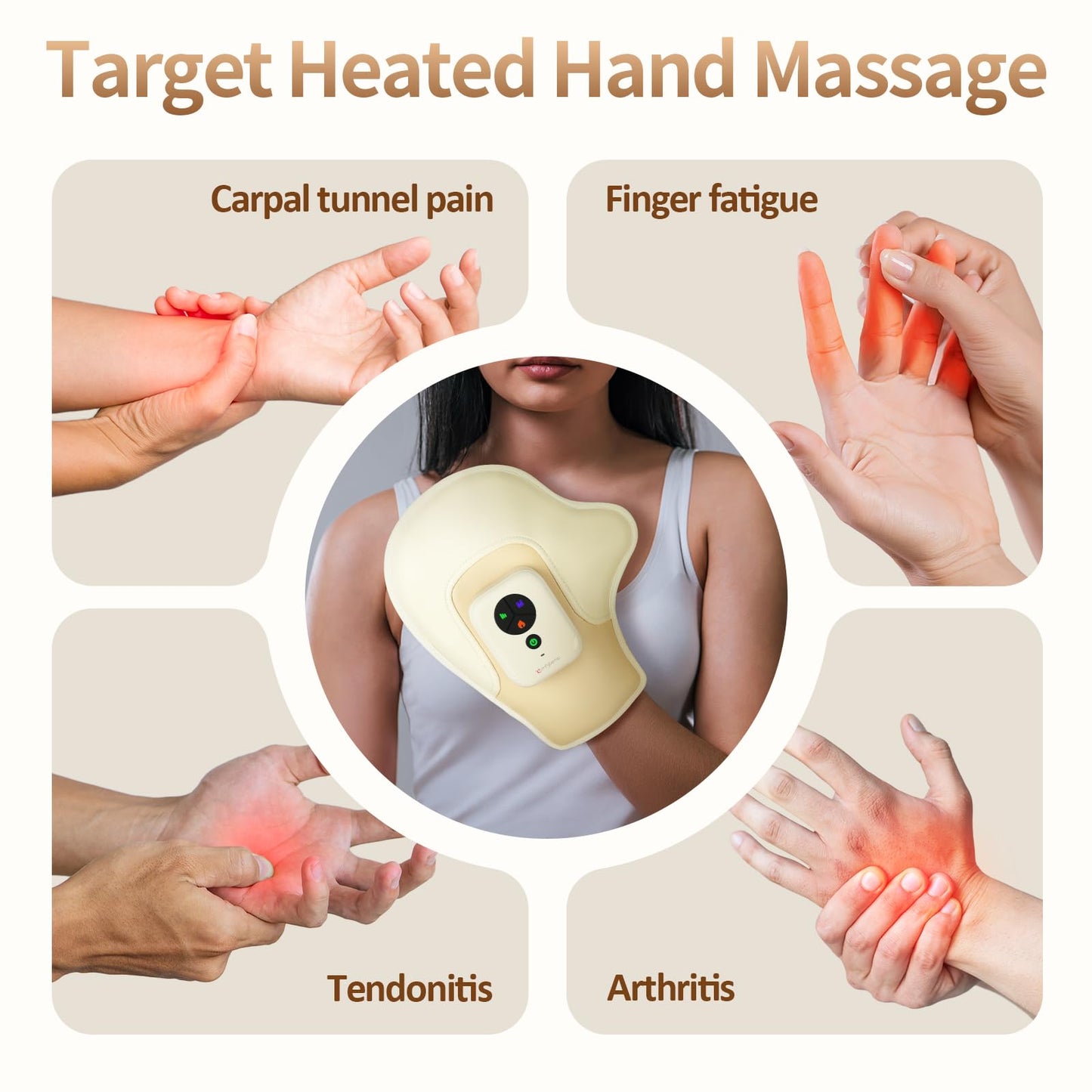 Comfytemp Hand Massager with Heat and Compression, Birthday Gift for Dad Mom Men Women, Portable Heated Glove for Fingers, Palm, Rechargeable Cordless Wrist Massage for Arthritis, Carpal Tunnel Relief