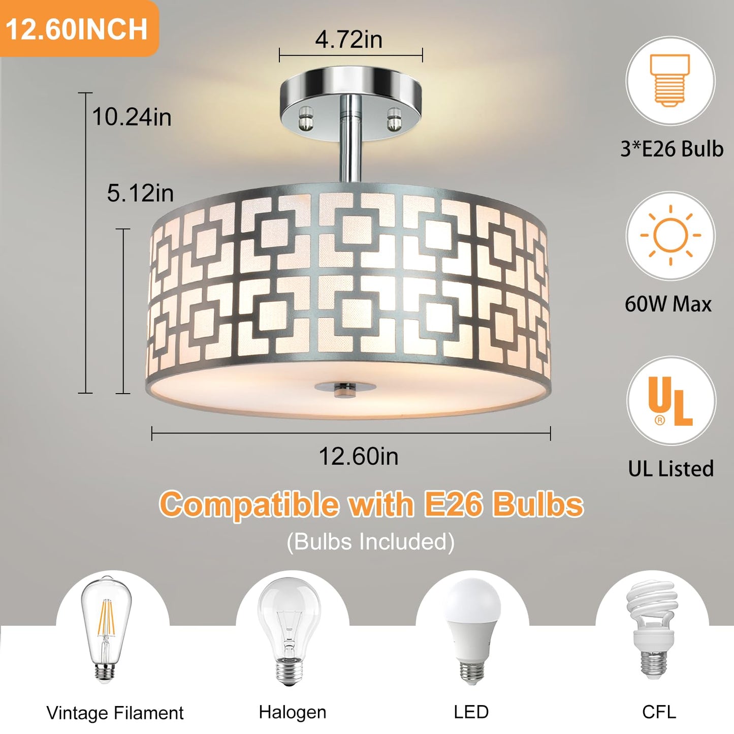 DLLT Flush Mount Ceiling Light: Modern 3-Light Brushed Nickel Kitchen Light Fixture - Drum Lighting Fixture for Dining Room - Silver Bedroom Ceiling Lamp with Double Shade