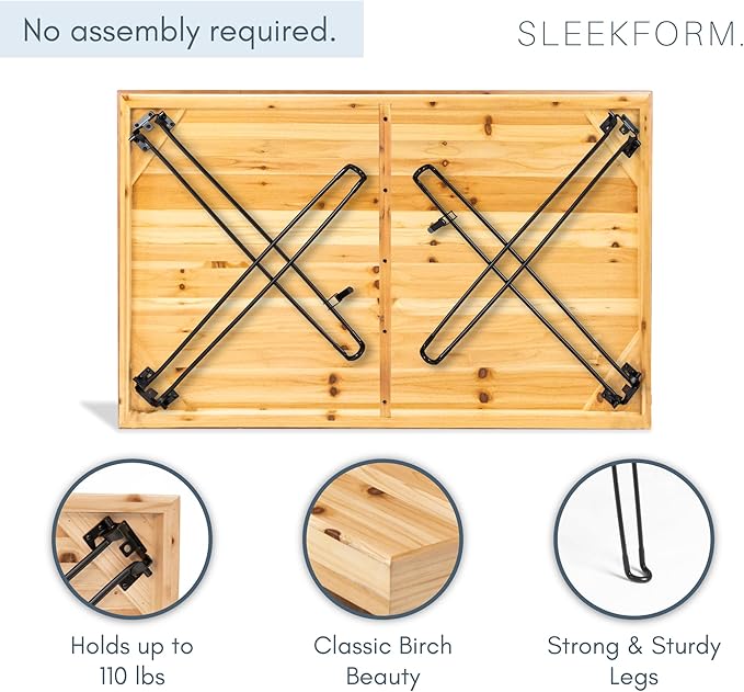 Sleekform Wooden Folding Dining Table for 4 - Farmhouse Kitchen Table with Collapsible Hairpin Legs - Small Foldable Tables for Small Dining Room Spaces - 4 ft Portable Wood Kitchen Tables - Birch