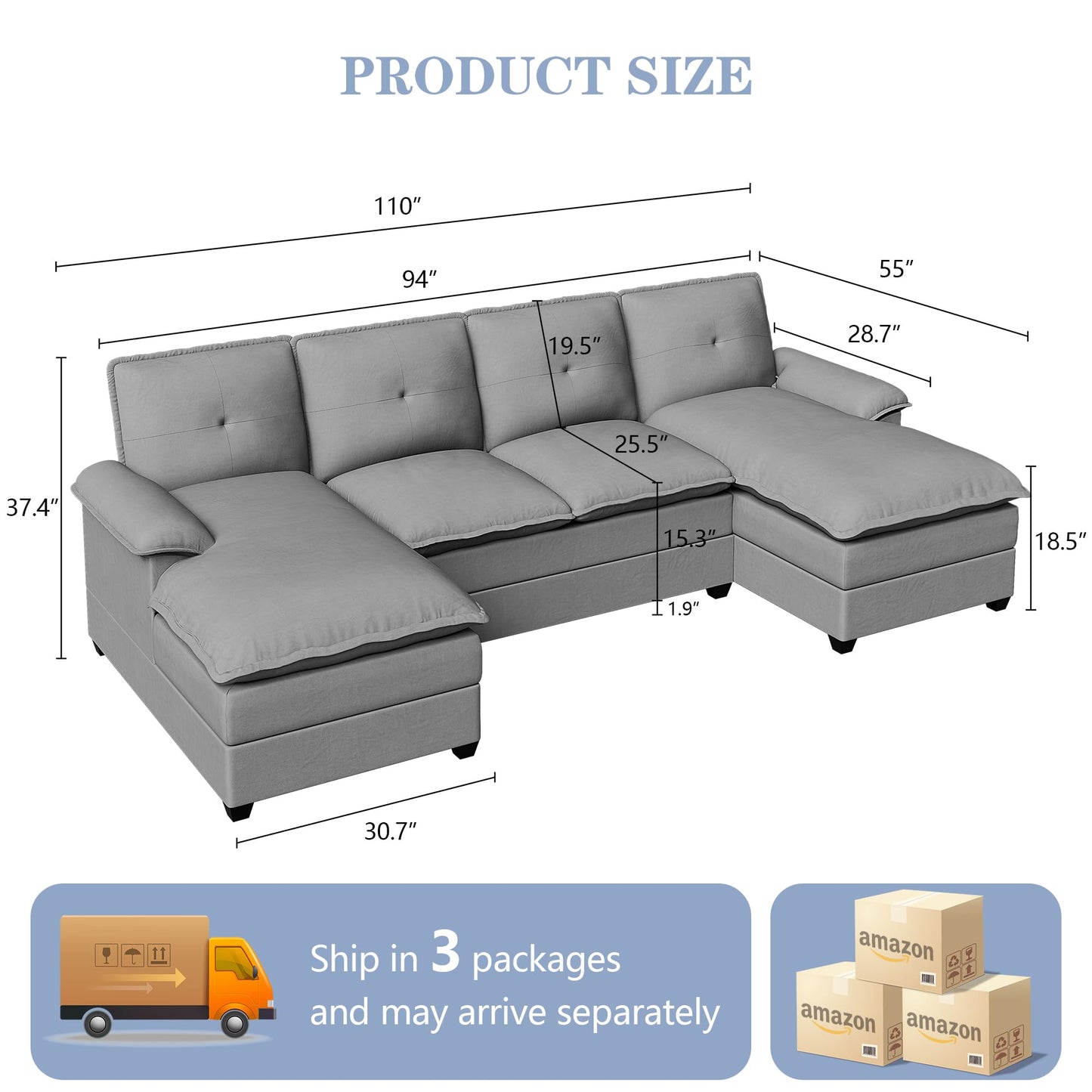 U Shaped Sectional Couch for Living Room,110" 4-Seater Comfy Couch with Double Chaise,Deep Seat Modular Sofa Couches with Thick Cushion & Soft Backrest,Light Grey