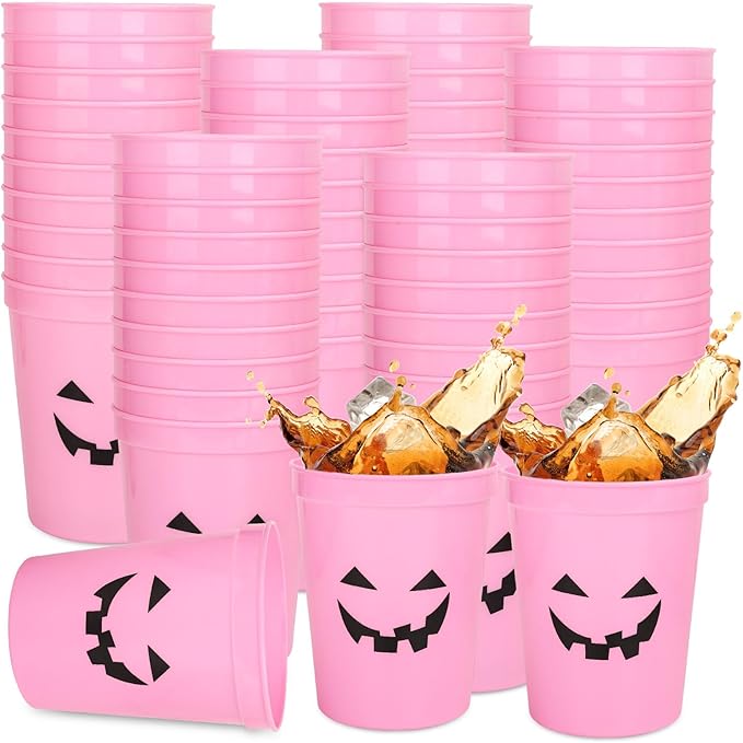 JarThenaAMCS 24 Pcs Halloween Pumpkin Plastic Cups Pink Funny Pumpkin Face Reusable Cups Trick or Treat Party Drinkware Su...