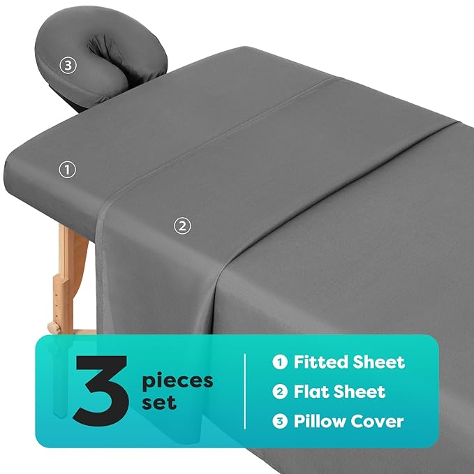 Comfyanno Massage Table Sheets Sets, 3 Pcs Professional Microfiber Massage Bed Cover Sheets, Soft, Light-Weight, Stain & Wrinkle Resistant, Includes Flat & Fitted Sheet, Face Cradle Cover - Gray
