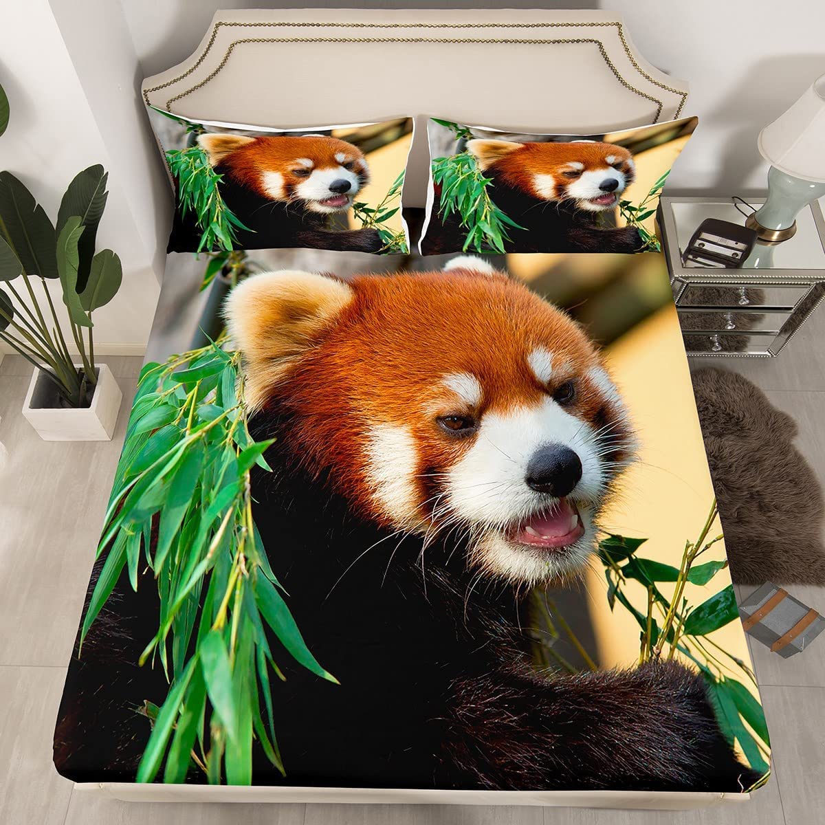 Red Panda Bed Sheets Cute Animal Pattern Bedding Set for Kids Boys Girls Teens Red Panda Leaves Print Bed Sheet Set Breathable Nature Fitted Sheet Bedroom Collection 3Pcs Full Size