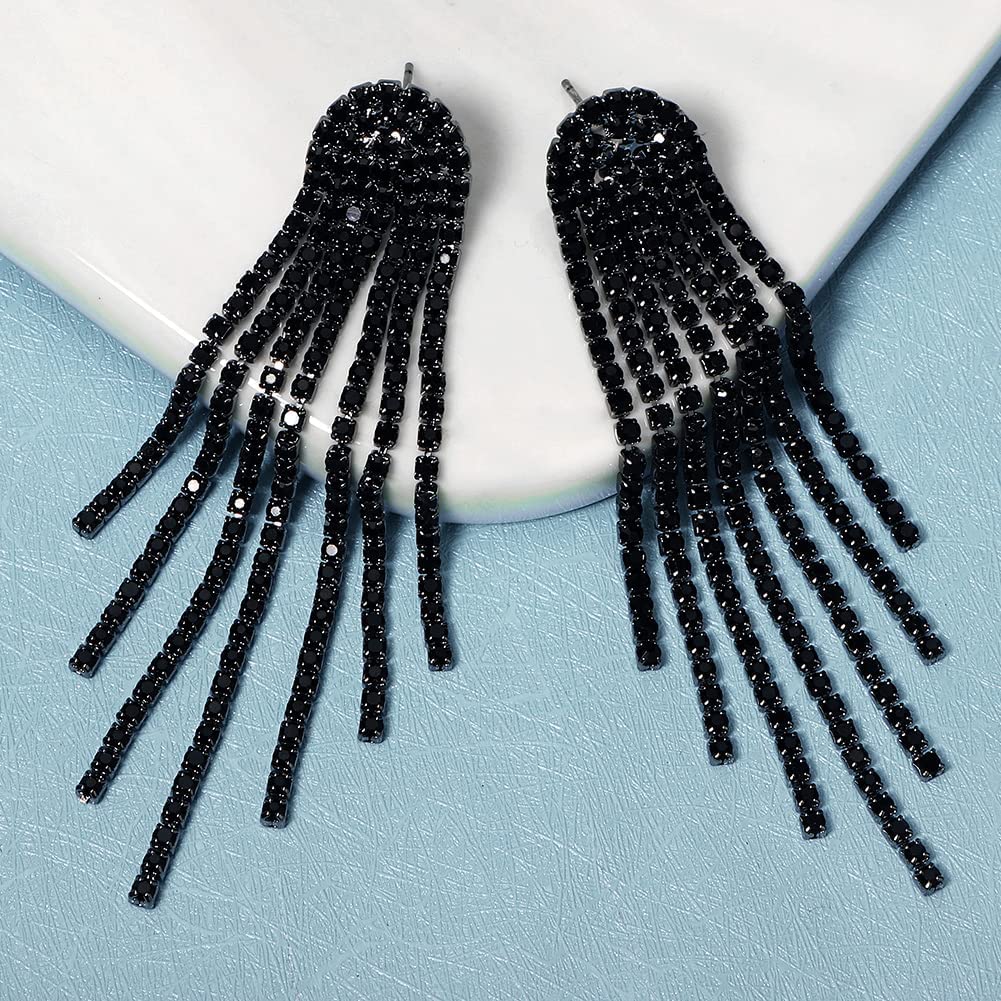 Mlouye Black Dangle Earrings for Women Rhinestone Earrings Dangling Long Tassel Fringe Crystal Drop Earring for Prom Party