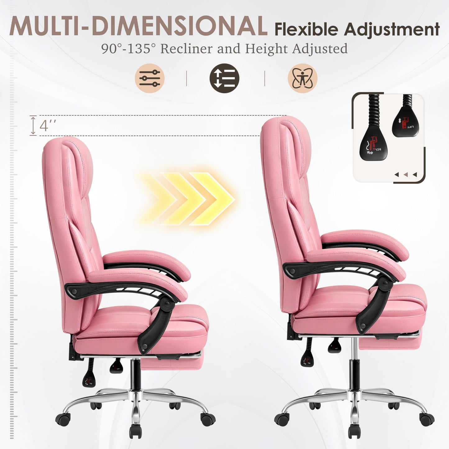 Shahoo Executive Office Chair with Massage, Ergonomic Reclining High Back Leather Seats with Footrest and Lumbar Support, Big and Tall, 400Lbs Heavy Duty, Pink