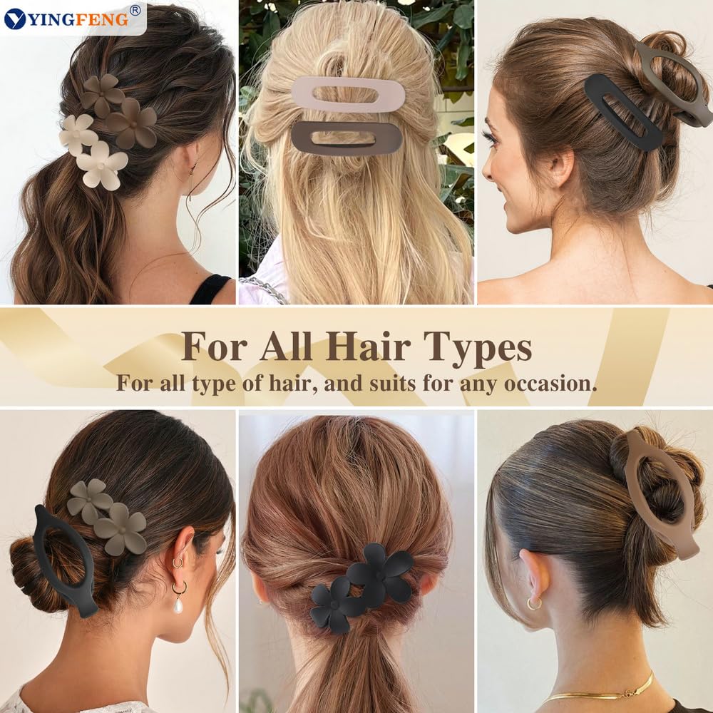 12 Pcs Neutral Colors Flat Hair Clips, YINGFENG Flat Claw Clip for Women, Matte Non-Slip Flower Claw Clips for Thin Thick Hair,