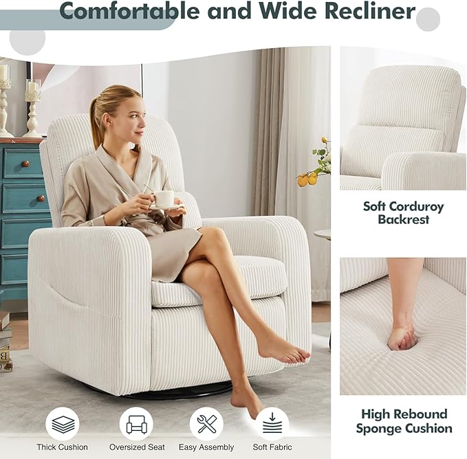 AEMEIOS Swivel Rocker Recliner, Oversized Manual Nursery Glider Rocking Recliner Chair with Removable Cushion, Upholstered Swivel Reclining Chair for Nursery Living Room Bedroom, Corduroy White