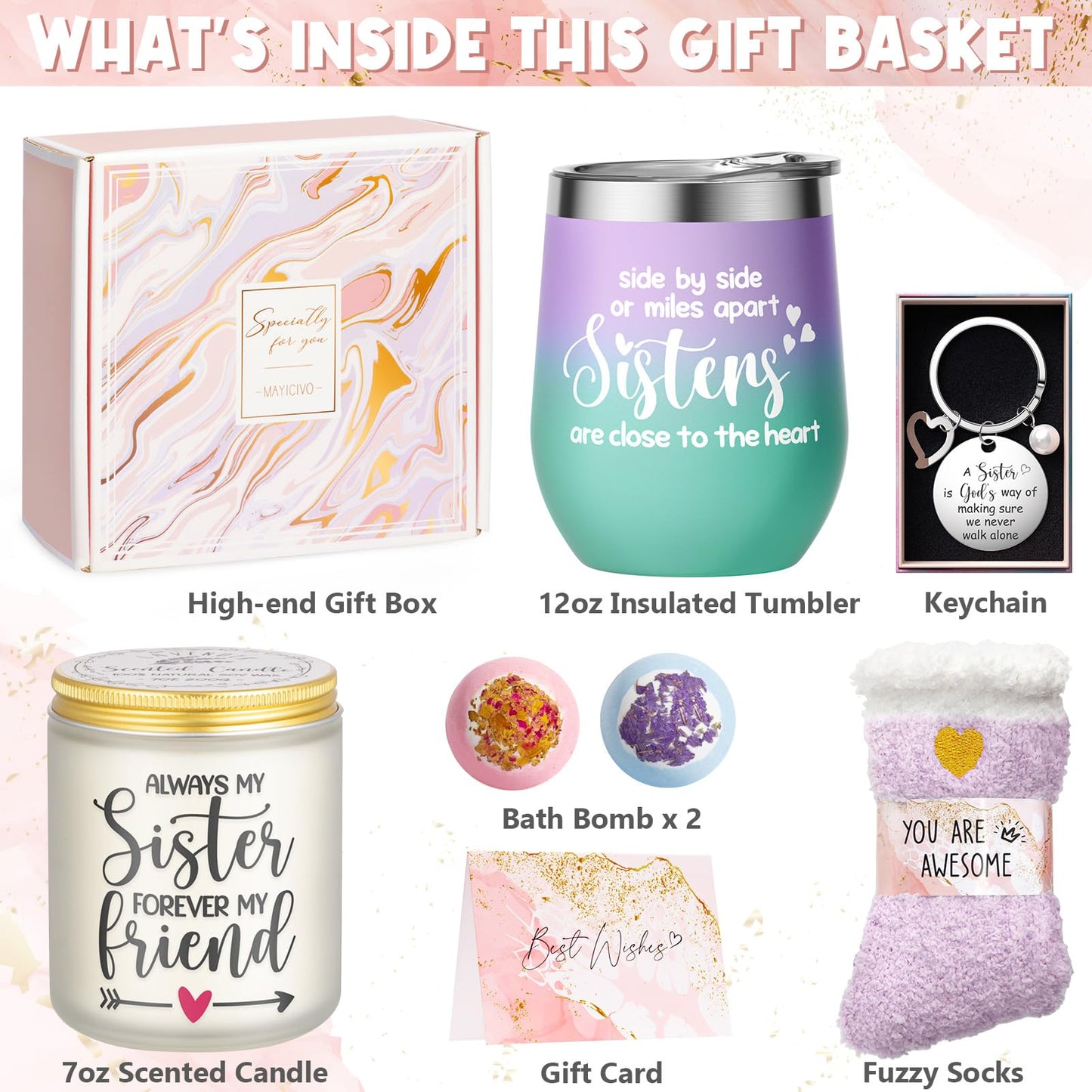 Sisters Gifts from Sister Christmas Gifts for Sister from Brother, Best Friend Birthday Gifts for Sister in Law Soul Sister, Friend Gifts for Women Christmas Gift Baskets for Sisters with Wine Tumbler