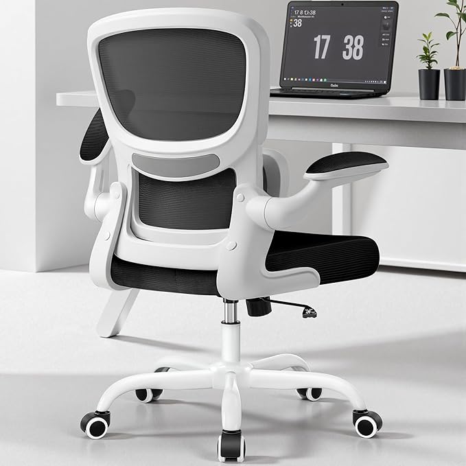 BESTFAIR Office Chair Ergonomic Desk Chair, Breathable Mesh Comfy Chair with Lumbar Support, Computer Chair, Home Desk Chair with Flip-up Armrests, Gaming Chair for Adults Home Office (White)