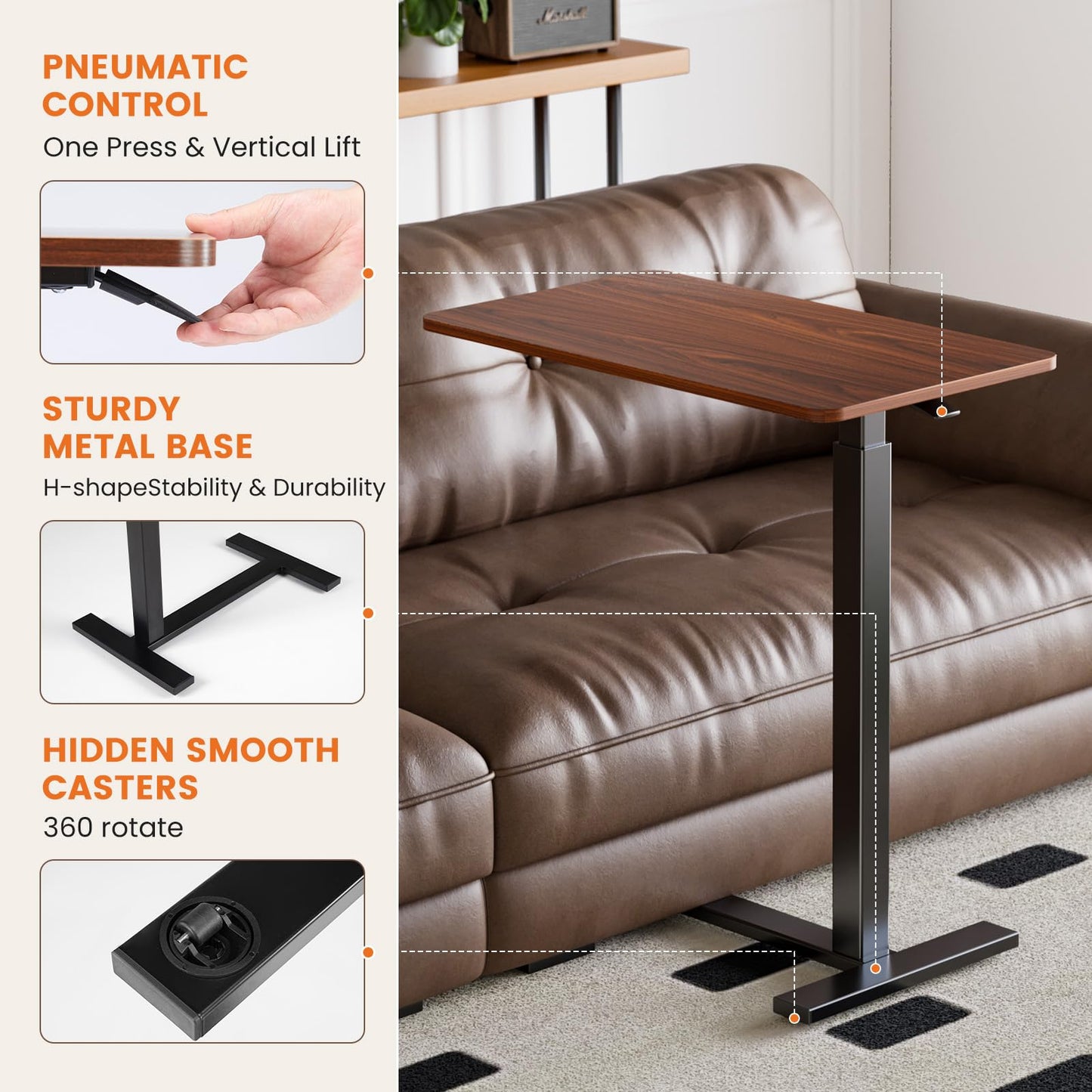 Elevon Overbed Bedside Table with Wheels, Adjustable Hospital & Home Use Bed Table, Rolling Laptop Table, Mobile Standing Desk