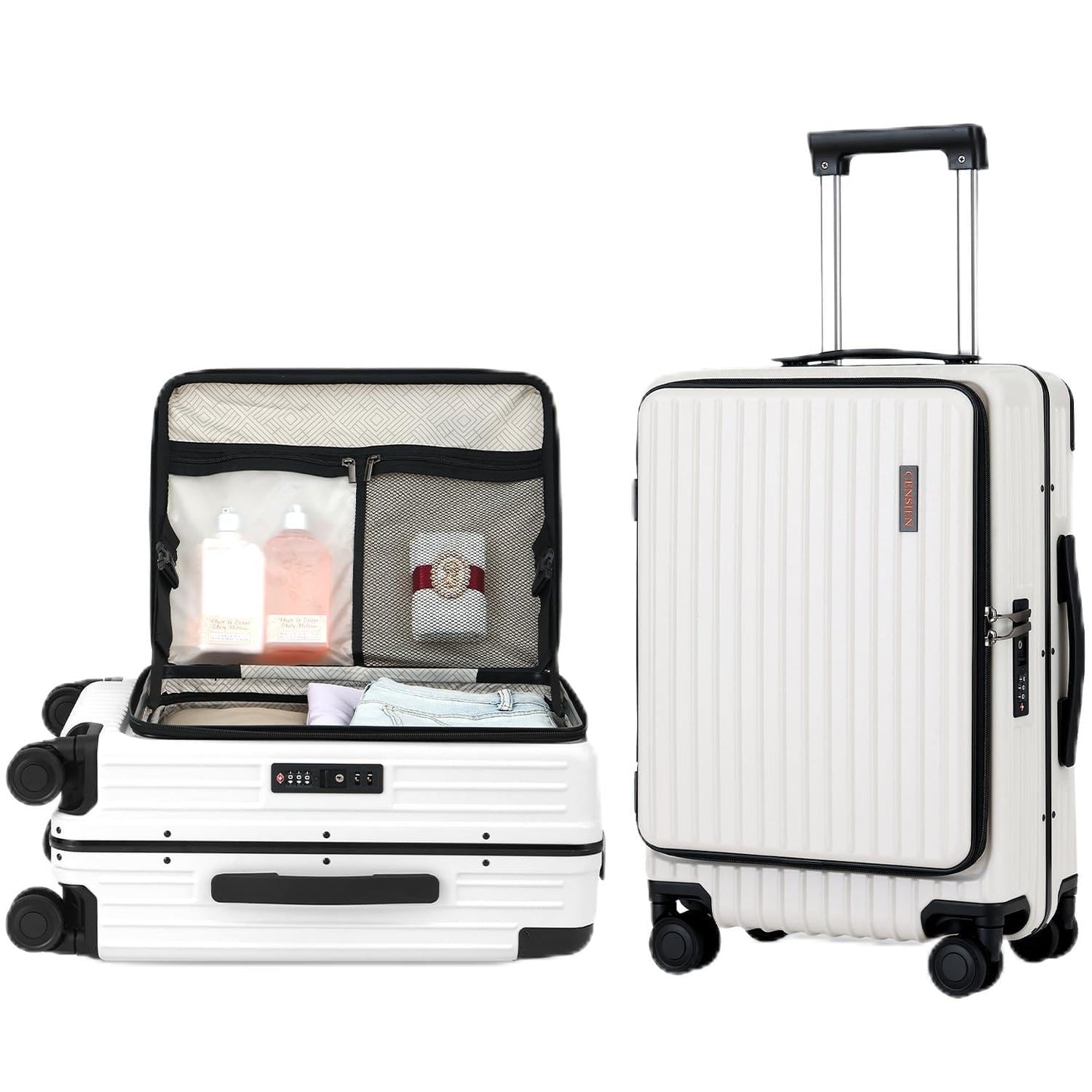 CENSIEN 20 Inch Carry On Luggage with Spinner Wheels, Top Opening Lightweight ABS+PC Hard Shell Suitcases with Aluminum Frame, YKK Zipper, TSA Lock (White, 1 PC)