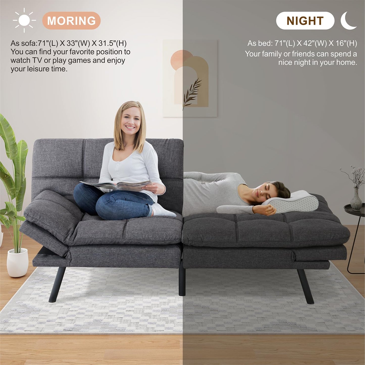 Opoiar Bed with Memory Foam, Convertible Futon Couch with Adjustable Armrests, Multifunctional Sofa Sets for Apartment, Office,Small Spaces Sofabed, Deep Grey