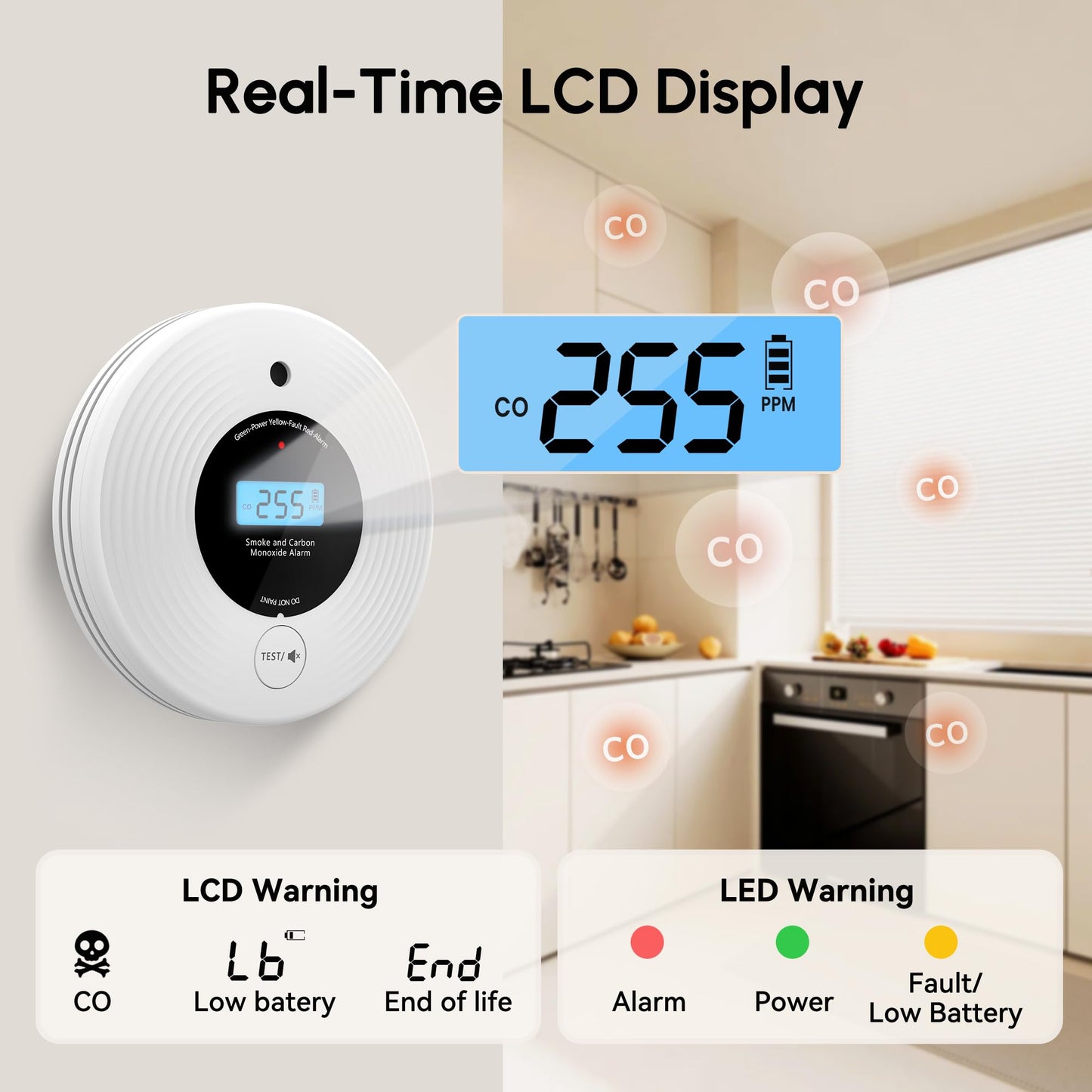 KARUOTOP Smoke Detector Carbon Monoxide Detector Combo 10 Year Battery, Ultra-Thin Smoke Alarm CO Detector with Real-Time LCD Display, Adhesive or Screw Installation