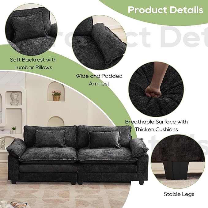 Oprisen 86" Modular Sectional Sofa, Comfy Cloud Couch Sectional Sofa with Ottoman, Chenille Sofa Sleeper Deep Seat Sofa with Throw Pillows for Living Room (Black, 86"- Loveseat)
