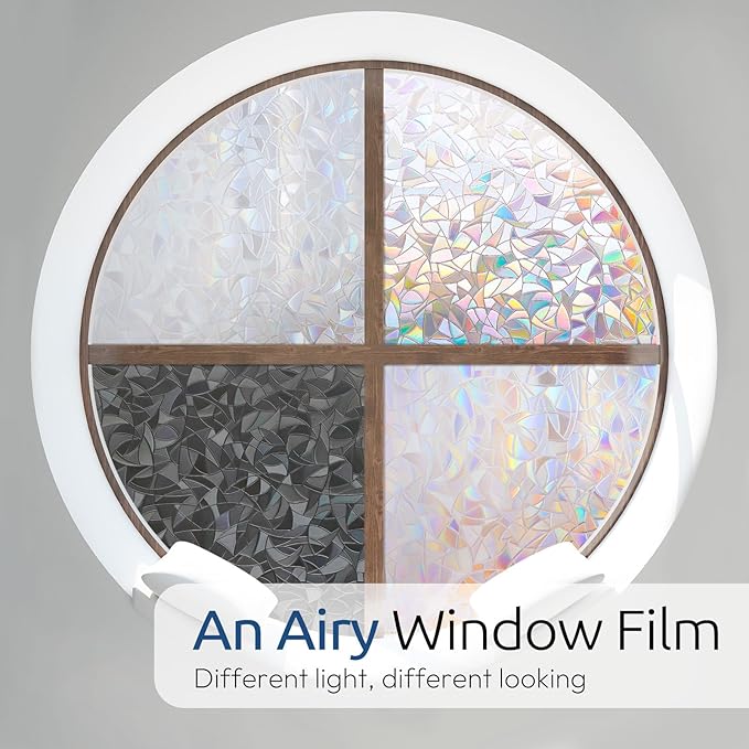rabbitgoo Window Privacy Film Rainbow Film Decorative Window Sticker, 3D Static Stained Glass Cling Tint for Home Heat Control Non-Adhesive, 11.8 x 78.7 inches