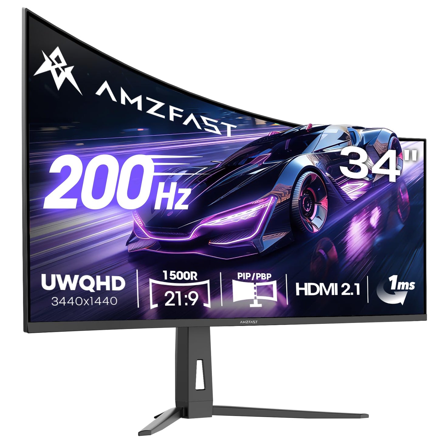 Amzfast 34 Inch Curved Monitor 200Hz UWQHD (3440x1440) Gaming Monitor, 1ms G-SYNC Compatible, 1500R, PIP/PBP, 131% sRGB, Tilt/Swivel/Height Adjustable,TÜV Rheinland, VESA Mount, HDMI 2.1, AMZG34C8Q