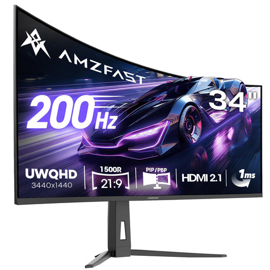 Amzfast 34 Inch Curved Monitor 200Hz UWQHD (3440x1440) Gaming Monitor, 1ms G-SYNC Compatible, 1500R, PIP/PBP, 131% sRGB, Tilt/Swivel/Height Adjustable,TÜV Rheinland, VESA Mount, HDMI 2.1, AMZG34C8Q