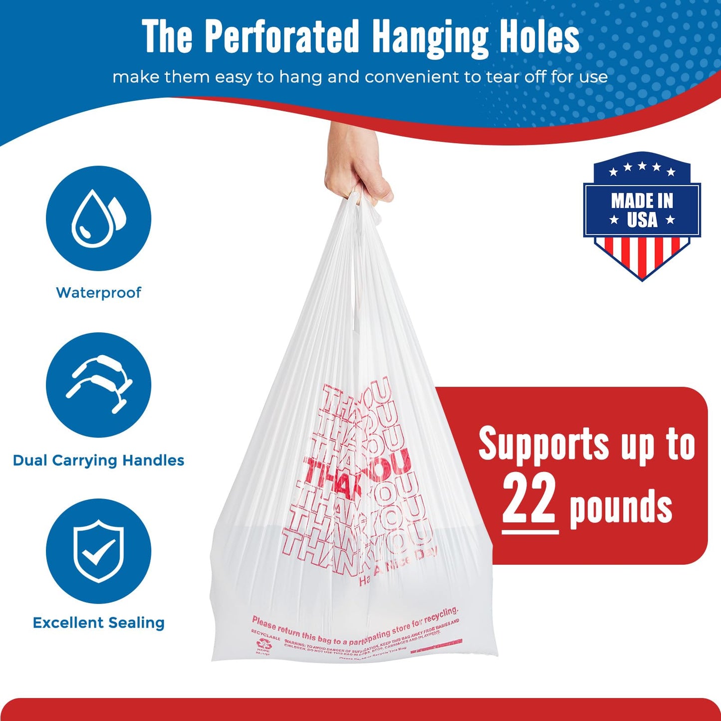 Fuxury 500 Count - Thank You Plastic T-shirt Bags White with Handles (11.5" x 6.5" x 21"), Grocery, Take Out, To Go, Restaurants, Convenience Store,Retail Shopping Bags in Bulk for Small Business
