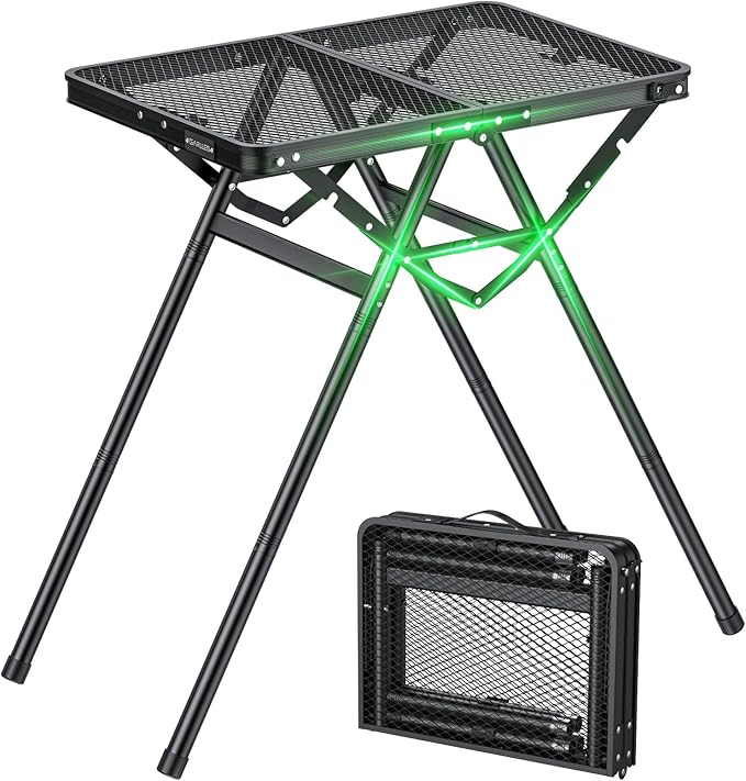 GARLLEN Folding Grill Table, Portable Camping Table with Heat-Resistant Mesh Tabletop, 3 Adjustable Height Aluminum Cookin...