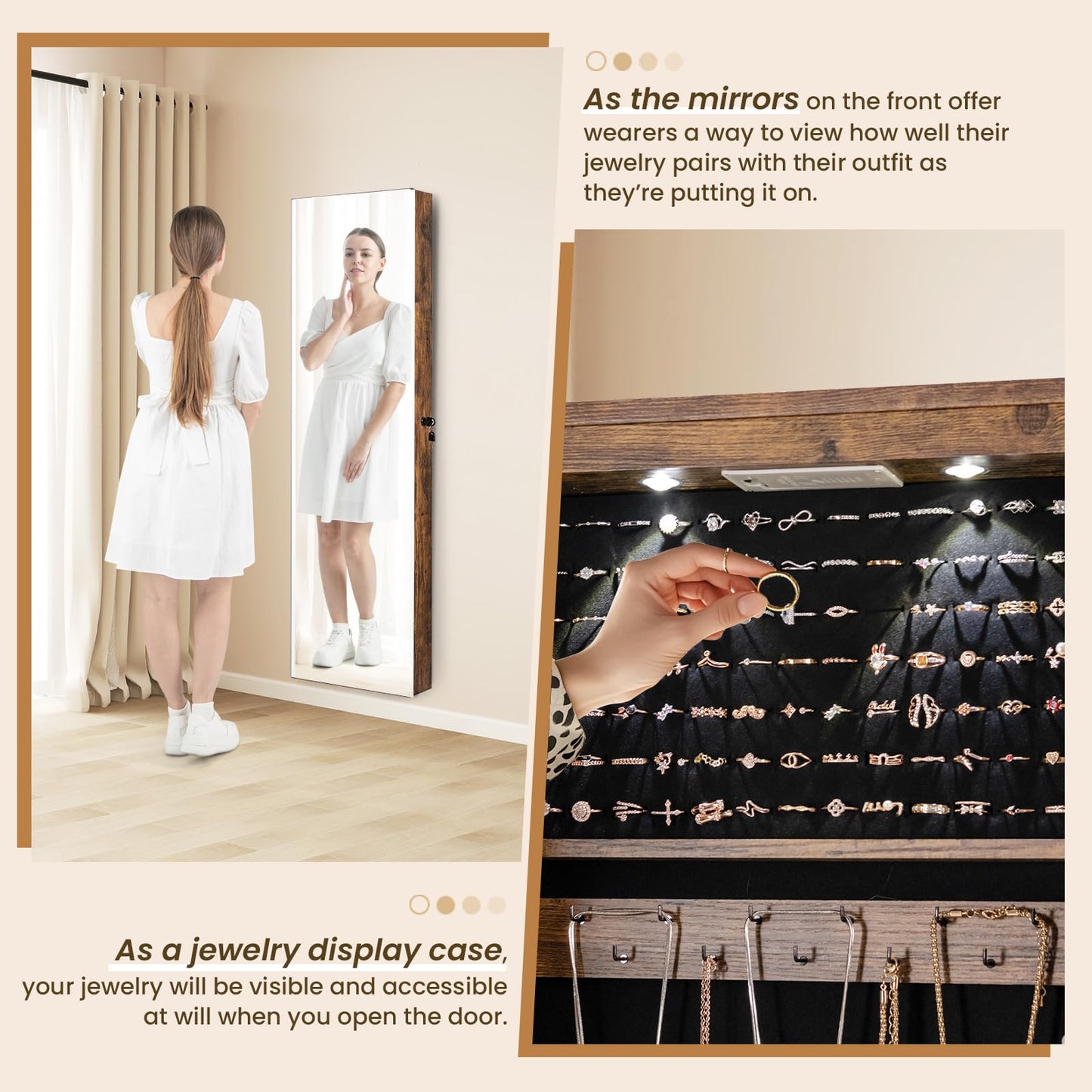 CHEFJOY Jewelry Organizer Cabinet, 47.5-Inch Jewelry Armoire w/Full-Length Mirror, Wall or Door-Mounted Jewelry Storage, Lockable Large Capacity Storage w/ 2 LEDs & 2 Drawers, White (Rustic Brown)