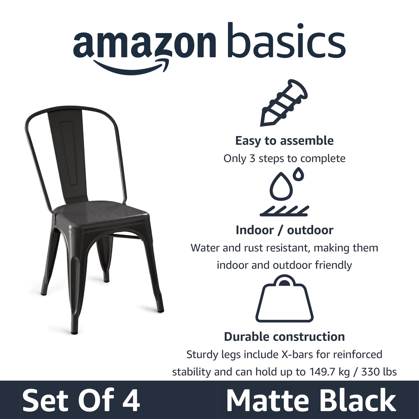 Amazon Basics Metal Dining Chairs, Easy to Assemble, Indoor/Outdoor, Stackable, Matte Black, 4-Pack
