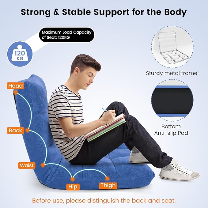 MAT EXPERT 14-Position Floor Chair, Floor Gaming Chair w/Soft Coral Fleece, Alloy Steel Frame, Padded Lazy Couch Recliner, Floor Chair with Back Support for Reading, Meditating (Blue)
