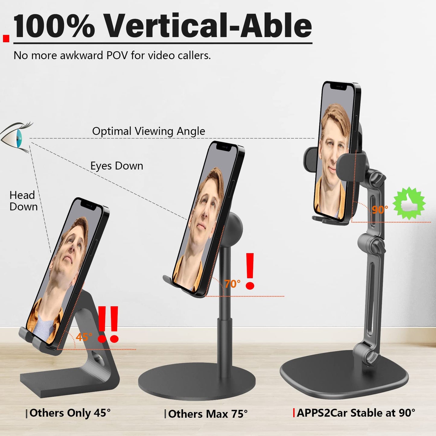 Apps2Car Phone Stand For Desk [No Dropping Stable Triple-Clamp Holder] Adjustable Height 360 Degree Rotation Heavy Base Thick Ca