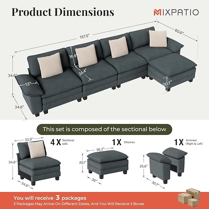 MIXPATIO 157-Inch L Shaped Sectional Sofa with Cloud Cushions, Deep Seat Modular Couch Set w/ 5 Seats & 1 Ottomans, Removable Arms, Plush Chenille Upholstery for Living Room, Apartment - Cyan