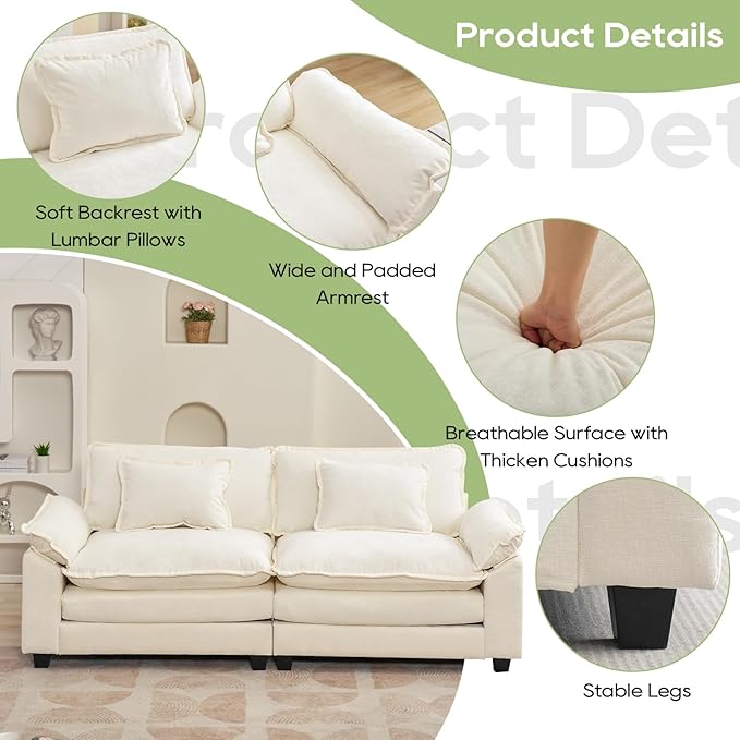 Oprisen 86" Modular Sectional Sofa, Comfy Cloud Couch Sectional Sofa, Chenille Sofa Sleeper Deep Seat Sofa with Throw Pillows for Living Room (Beige White, 86"- Loveseat)