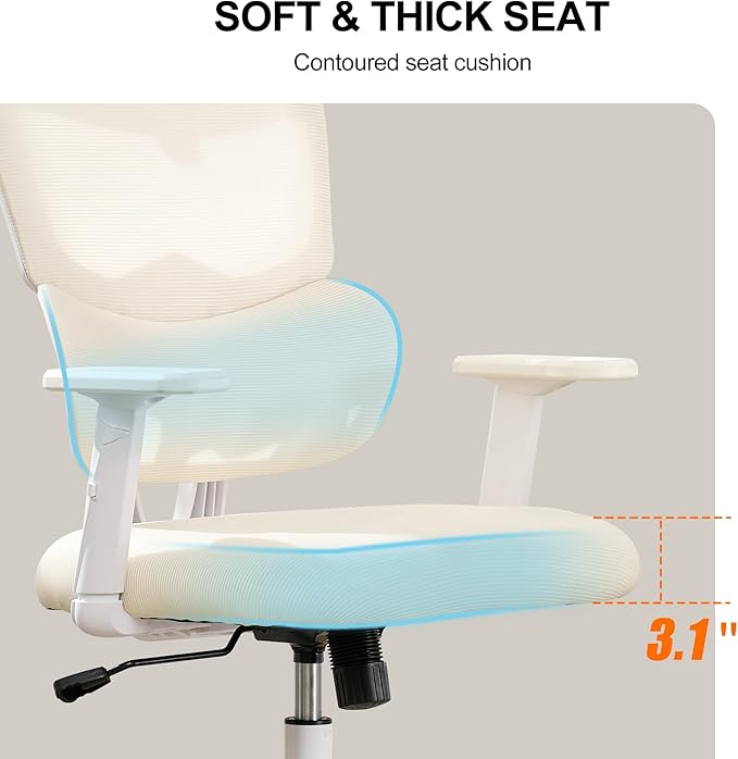 BOWTHY Ergonomic Office Chair,Home Mesh Office Desk Chairs,High Back Office Chair 330 LBS,Swivel Computer Chair with 2D Armrest,Adjustable Headrest,Lumbar Support,Rocking Function (Beige)