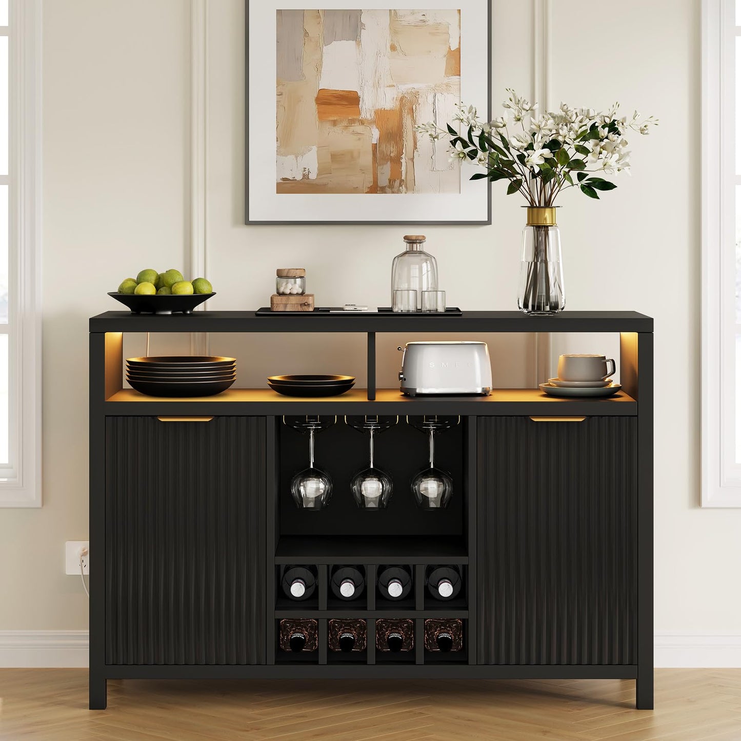 Fluted Home Bar Wine Cabinet with LED Light, Charging Station, Wine Rack - Buffet Cabinet with Storage, Coffee Bar Table, Stylish Fluted Credenza Cabinet for Modern Home Kitchen 47.2" Black