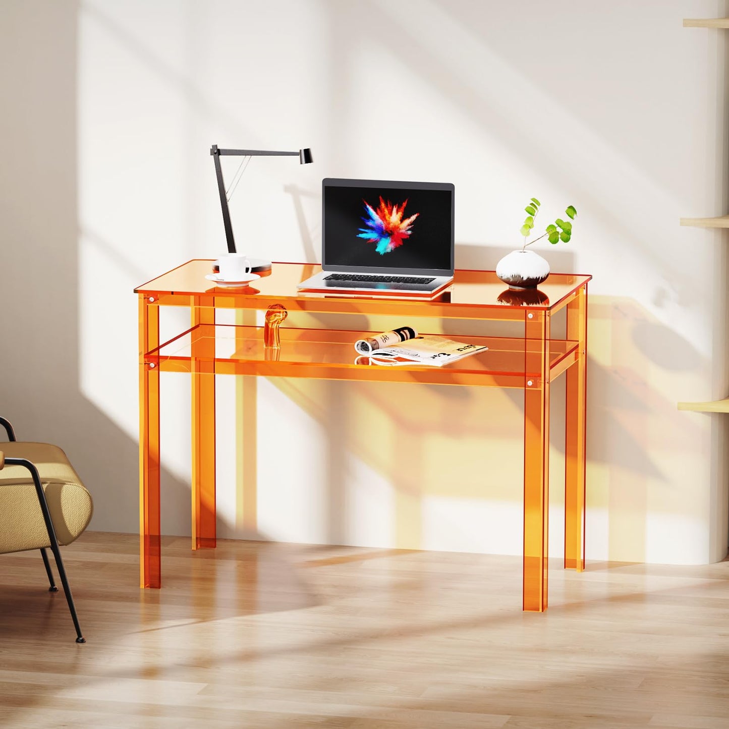 solaround Clear Acrylic Desk with Open Storage, Home Office Computer Writing Desk Office Study Table (Orange, 39.4'' x 19.7'' x 29.5'')
