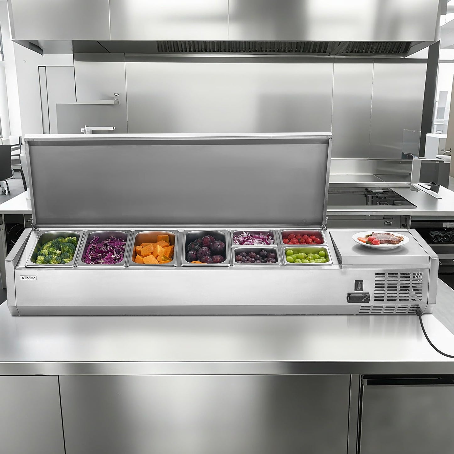 VEVOR Refrigerated Condiment Prep Station, 130 W Countertop Refrigerated Condiment Station, with Four 1/3 Pans & Four 1/6 Pans, 304 Stainless Body and PC Lid, Sandwich Prep Table with Stainless Guard