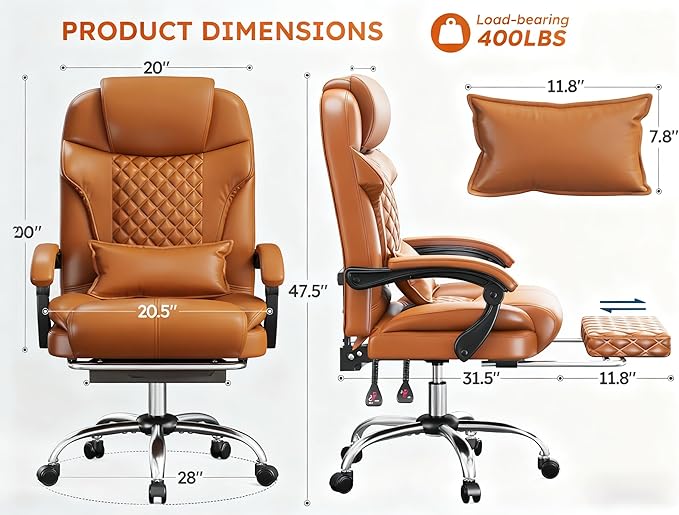DurayLoly Big and Tall Office Chair 400lbs - Executive Ergonomic Desk Chair with Footrest, High Back Reclining Leather Chair with Lumbar Support for Home Office Brown