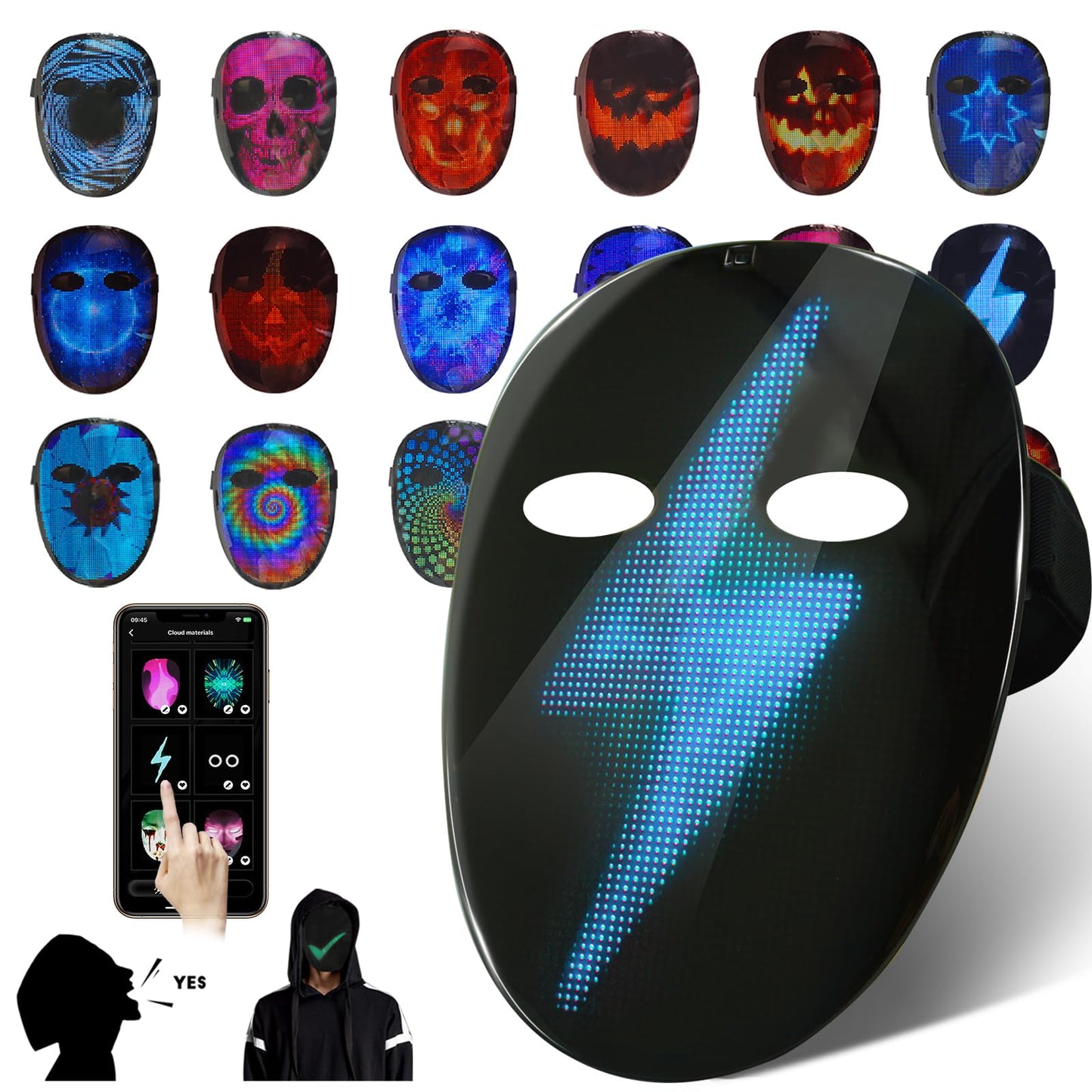 Depointer Life Led Mask with Voice Recognition Gesture Sensing, Light up Mask with Programmable App Multi-Patterns Display, Colorful Shining Mask for Halloween Xmas Costume Party