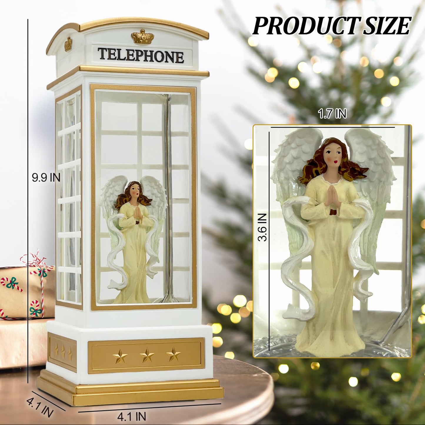 Christmas Snow Globe Lantern - Angel Scene Water Lanterns with Lights and Glitter - White Telephone Booth Decoration - USB or Battery Powered Musical Box for Adults Girls (Angel)