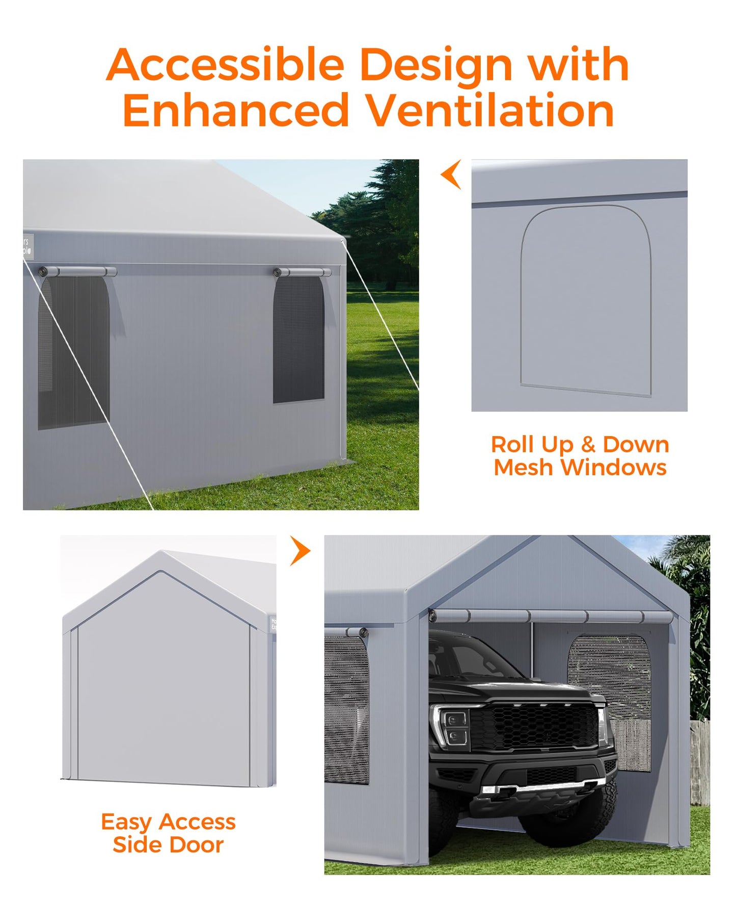 Carport, 10 x 20 FT Portable Garage Heavy Duty, Carport Canopy with Sidewalls Roll-Up Door & Windows, Car Port Canopy Tent Reinforced with Extended Skirt for Truck, Boat, Car Shed (Light Gray)