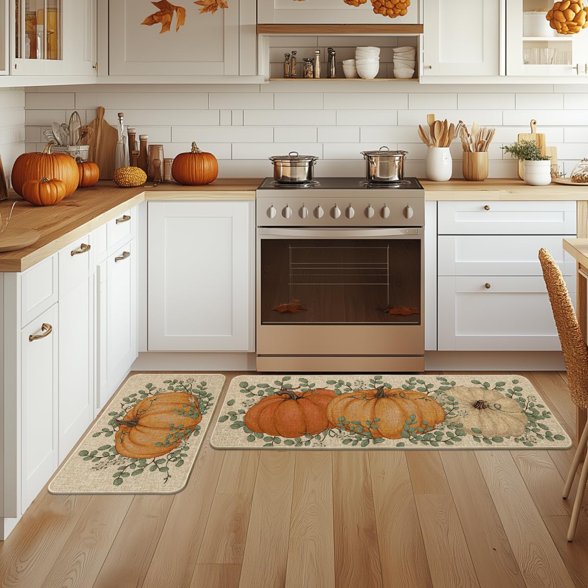 Artoid Mode Orange Pumpkin Eucalyptus Fall Kitchen Mats Set of 2, Autumn Home Decor Low-Profile Kitchen Rugs for Floor - 17x29 and 17x47 Inch