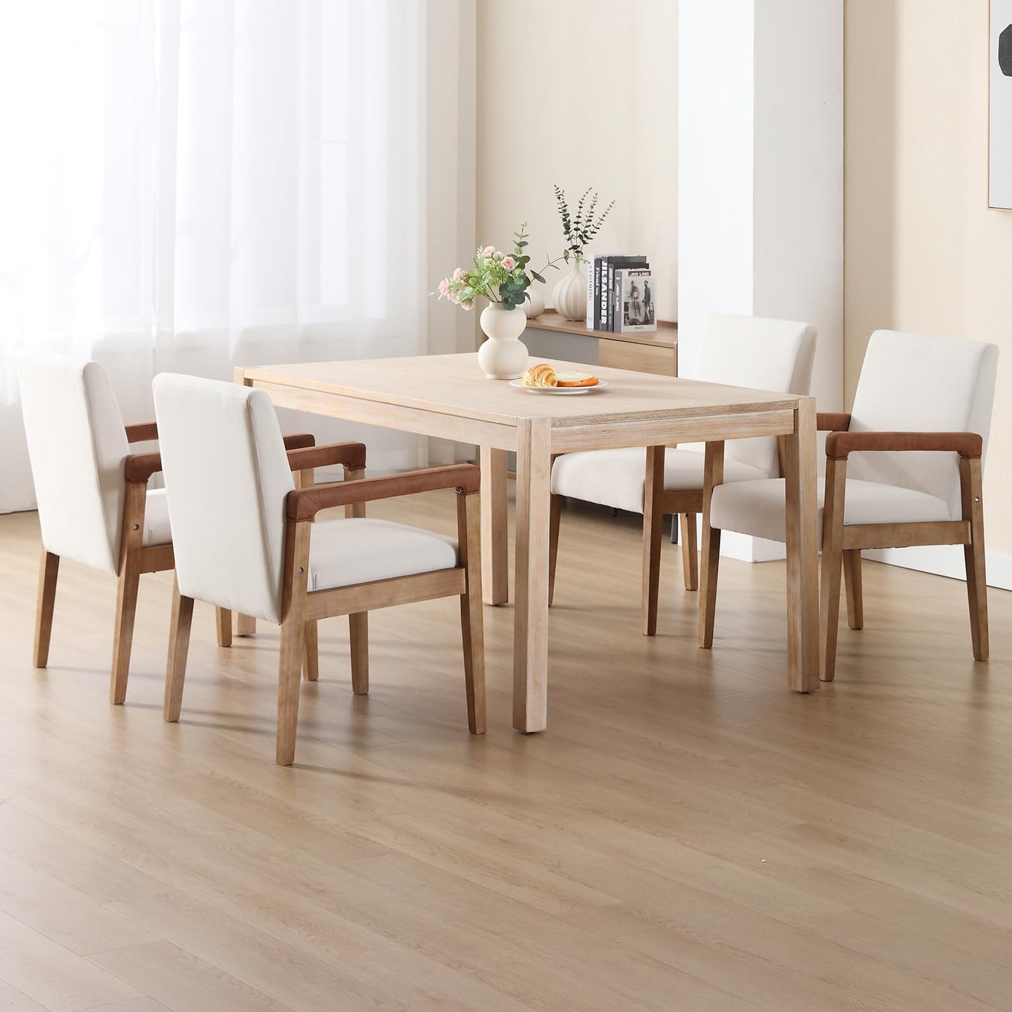 LZAREAL Mid Century Modern Dining Chairs Set of 4 Fabric Upholstered Living Room Side Chair, Kitchen Arm Chair with Solid Wood Legs for Home Restaurant, Linen White