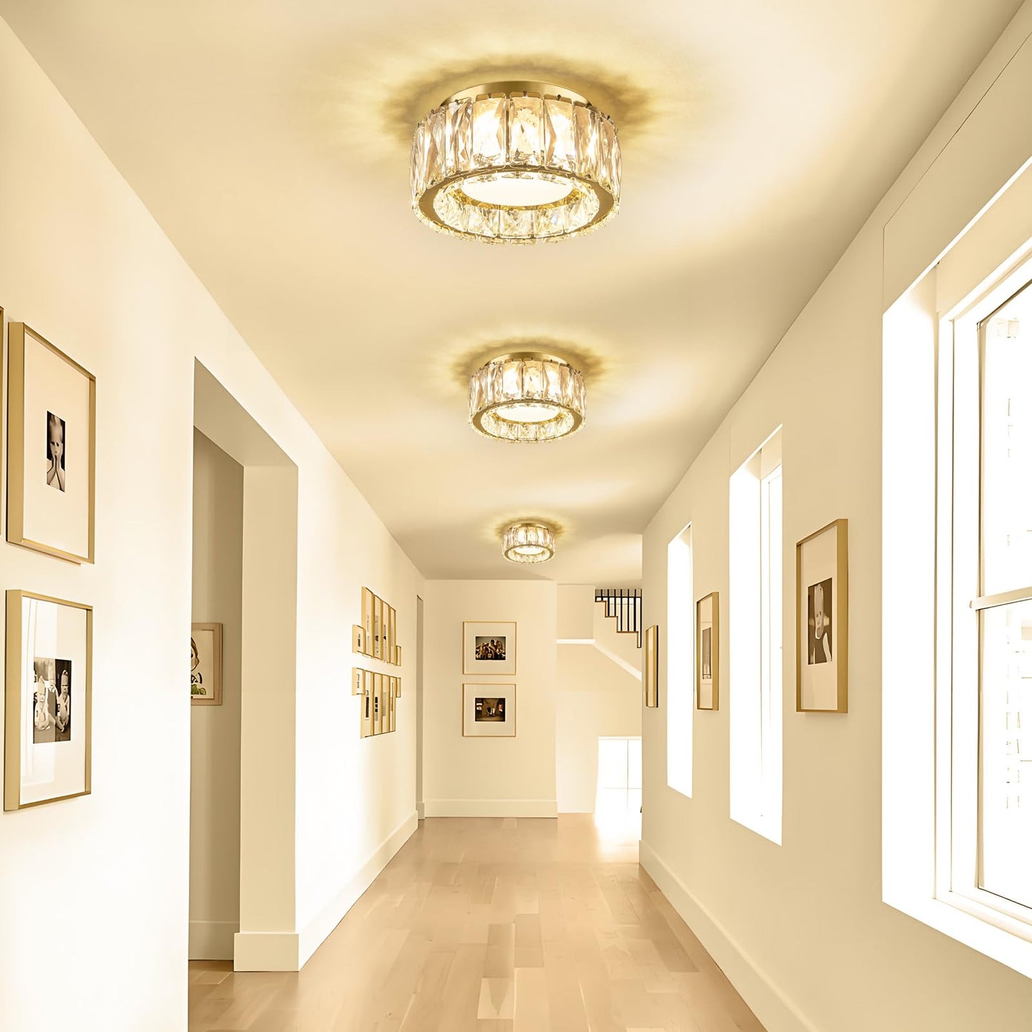 Suenigle Modern Dimmable LED Luxury Crystal Gold Flush Mount Ceiling Light Fixture,7.87 Inch 15W,3CCT,mini Round Close to Ceiling Chandelier for Hallway,Kitchen,Laundry Room,Entryway