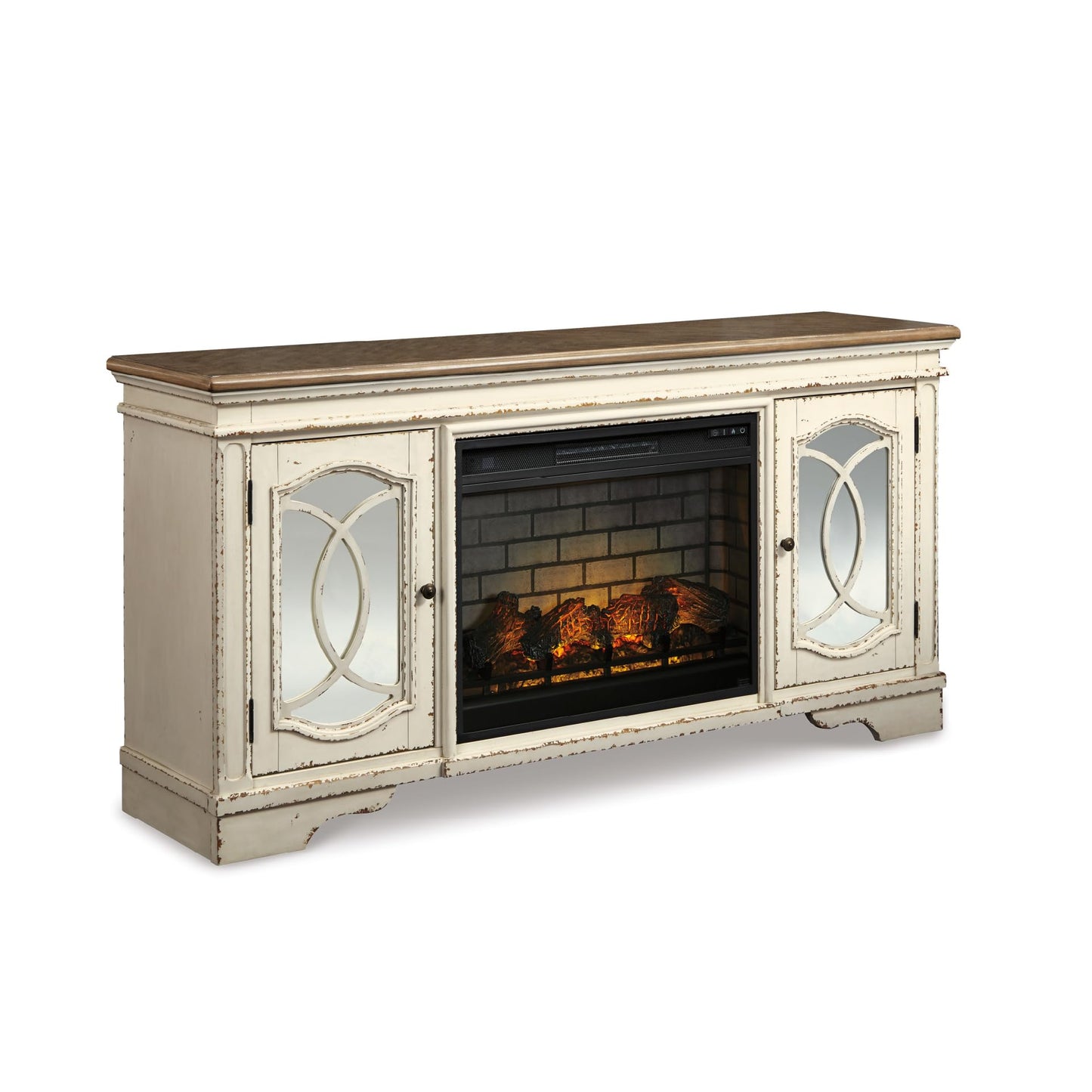 Signature Design by Ashley Realyn Vintage Casual TV Stand with Electric Fireplace, Heats Larger Rooms, Bronze Hardware, Wood, 74' Wide, White & Brown
