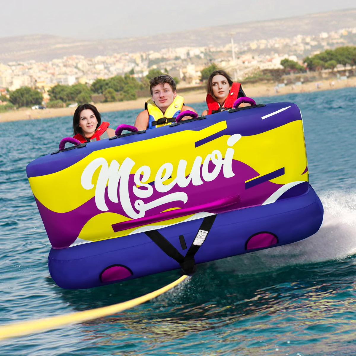 MSEUOI Inflatable Water Towable Tube for Boats Heavy-Duty 1-3 Rider Tow Tube with Reinforced Handles, Quick-Connect Tow Rope, Rapid Air Valve (Bright Blue Mutil, 3)