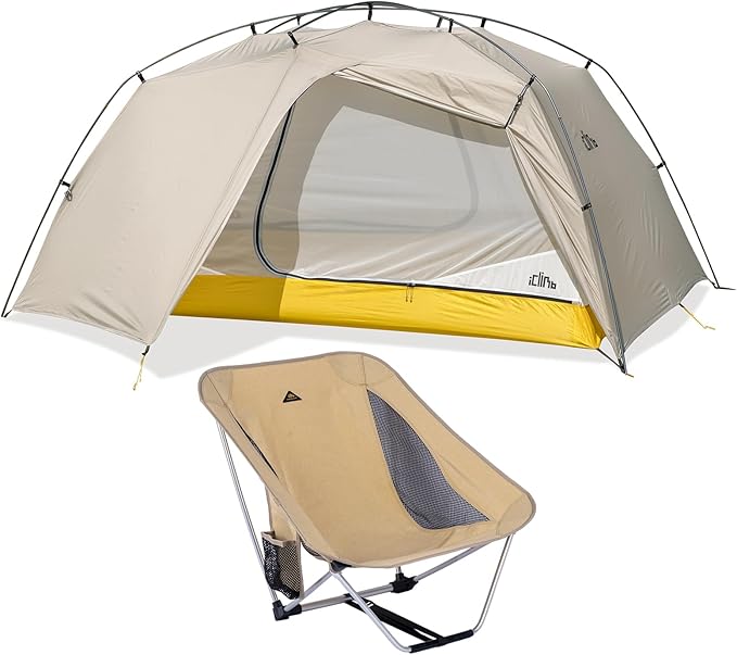 iClimb 1 Low Folding Chair and 1 Ultralight 3 Season Tent, Ultralight Compact for Adults Outdoor Camping Backpacking Hiking