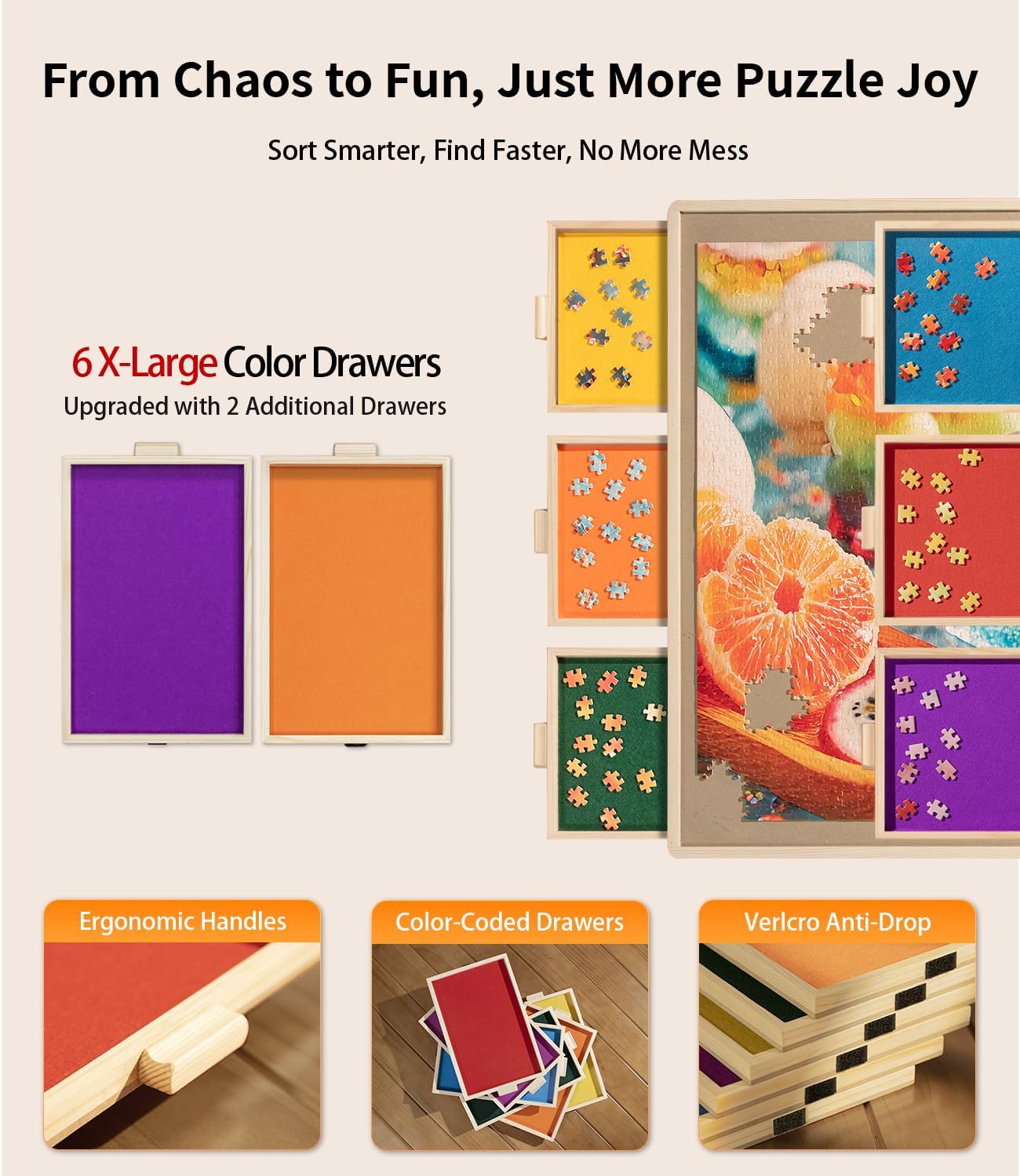 Join&Joy 1500 Piece Puzzle Board Pro, with 6 Drawers & Cover, 34" x 25", Sort-Wise Colorful Felt Drawers, Wooden Jigsaw Puzzle Board, Birthday Gifts for Mom