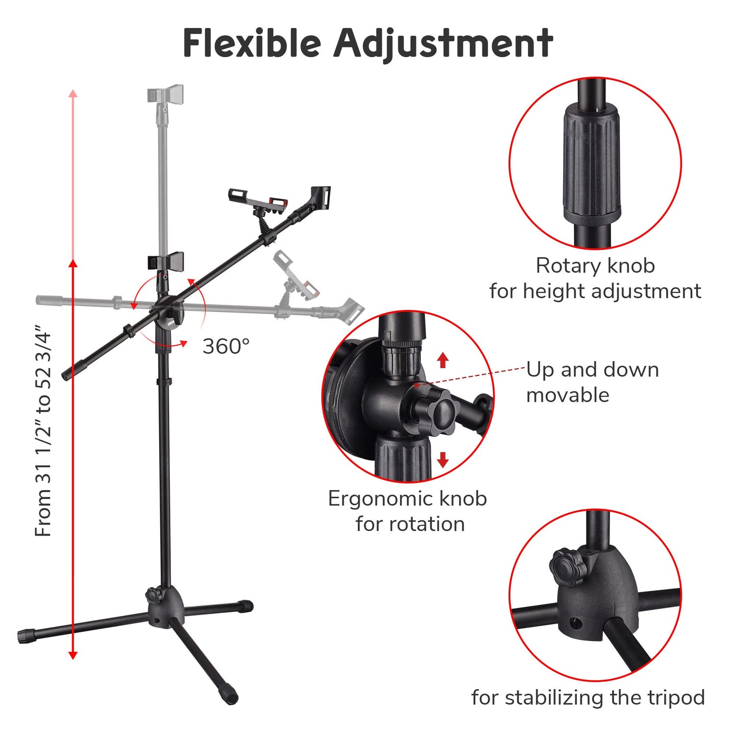 Byootique 12 Packs Microphone Boom Arm Stand Dual Mic Clips Adjustable Tripod Phone Holder For Performance Singing Wedding Stage