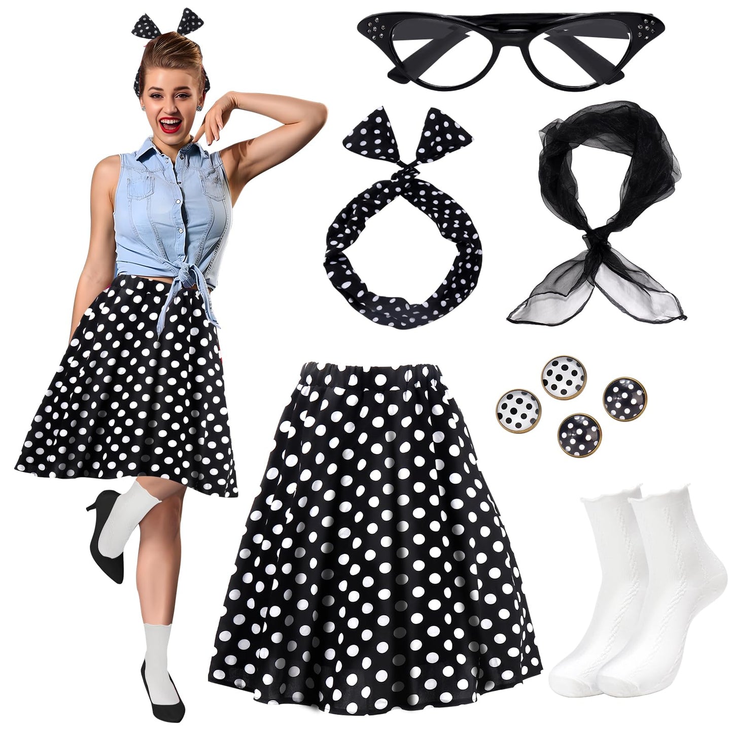 Ibeauti 50s Costumes for Women Girls 1950s Poodle Skirt Outfits Set with Cat Eye Glasses Chiffon Scarf Bandana Tie Headband Earrings Socks (Large, Black)