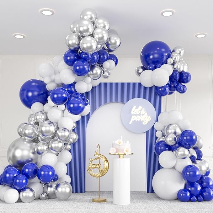 136pcs Blue White Silver Balloon Garland Kit - 18/12/10/5 Inch Royal Blue, Silver Confetti Balloon Arch for New Year, Grad...