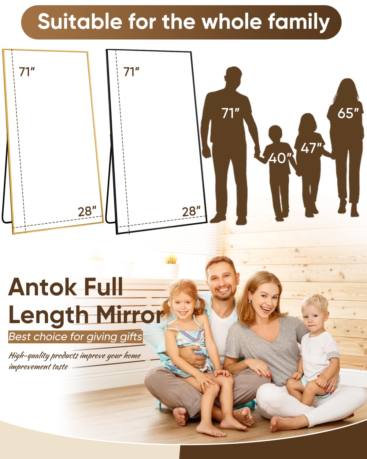 Antok Full Length Mirror, 71"x28" Floor Mirror, Floor Standing Freestanding Full Body Mirror with Stand for Bedroom, Hanging Mounted for Living Room Cloakroom, Black