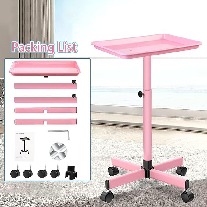 Salon Tray on Wheels,Height Adjustable Hairstylist Rolling Tray Cart,Color Trays for Salon or Home Use,Pink