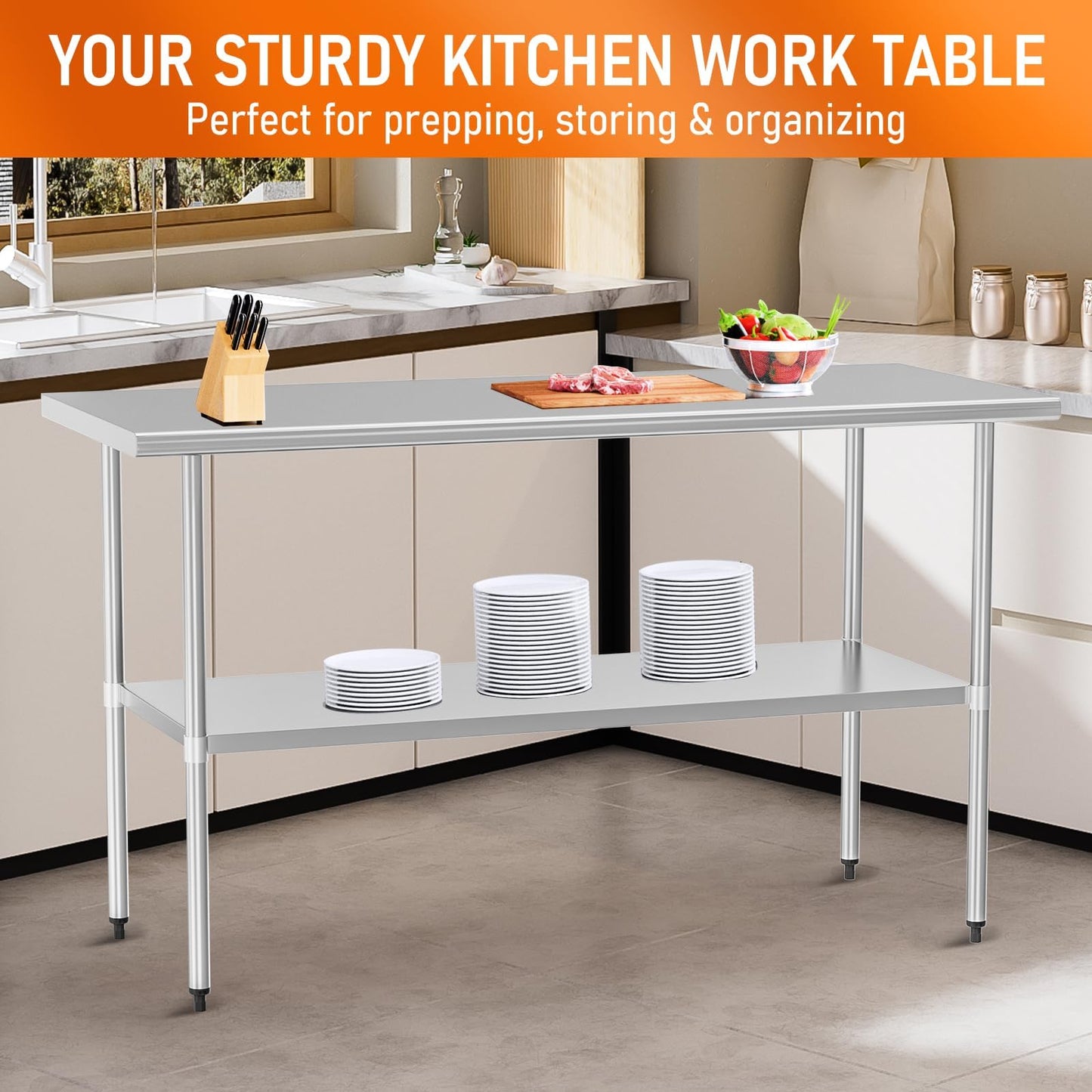 HOCCOT Stainless Steel Table for Food Prep & Work 30 x 60 inches Utility Table with Adjustable Undershelf, Commercial Workstation in Kitchen, Garage, Outdoor BBQ